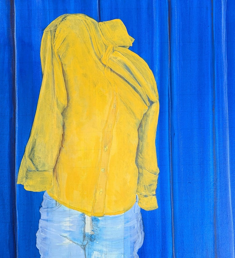 Work in progress of acrylic paint on canvas of a thick blue curtain and posed person in clothing.