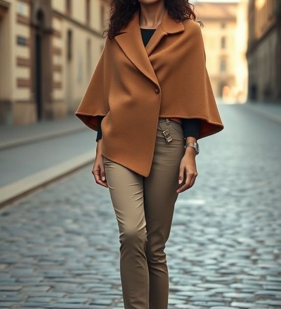 Middle Eastern woman in a camel cape and boots on a cobblestone piazza in Florence.