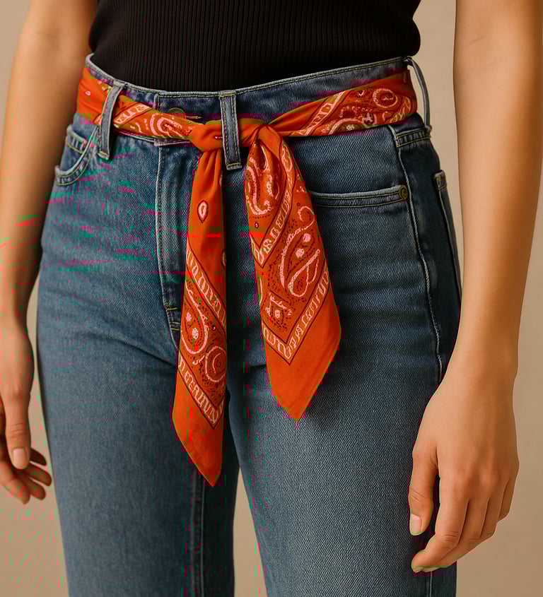 an orange bandana being used as a belt for jeans