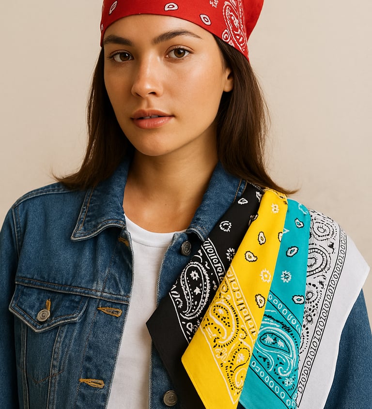 young woman with a set of colorful bandanas