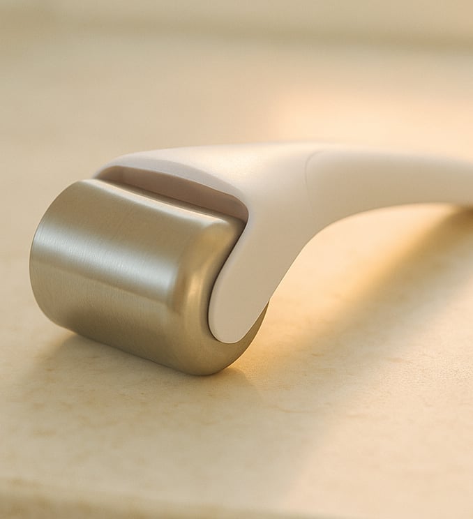 Stainless-steel ice roller resting on marble in early-morning soft light.