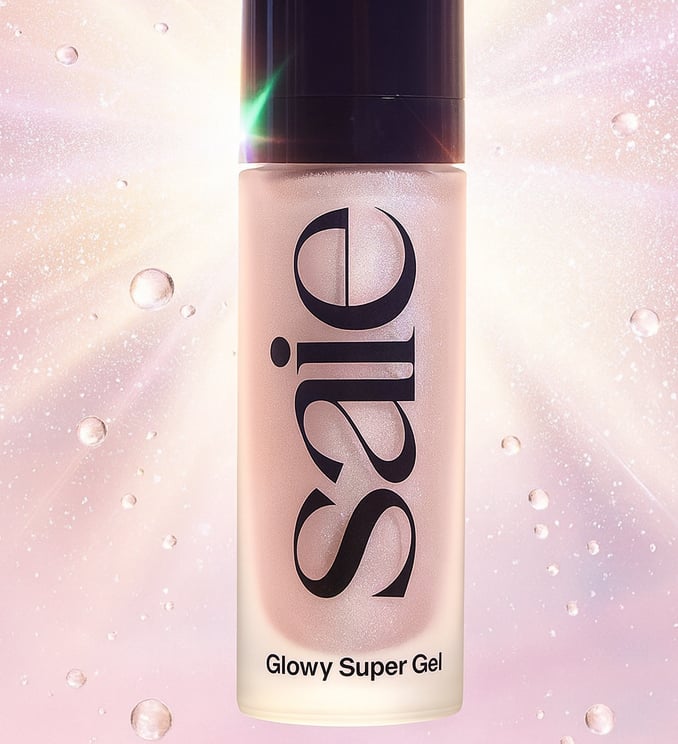 Saie Glowy Super Gel bottle with radiant shimmer and pastel glow