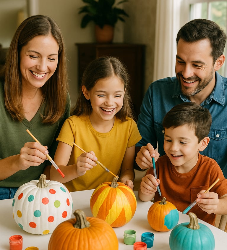 a family of four painting pumpkins at a crafts table