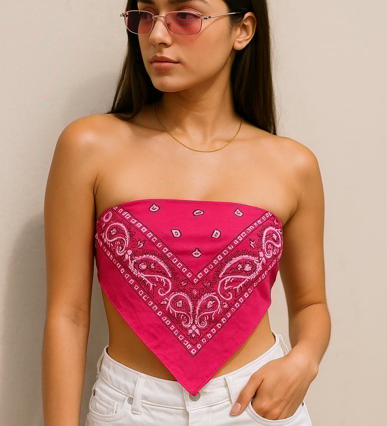 young woman wearing a pink bandana as a fashion top