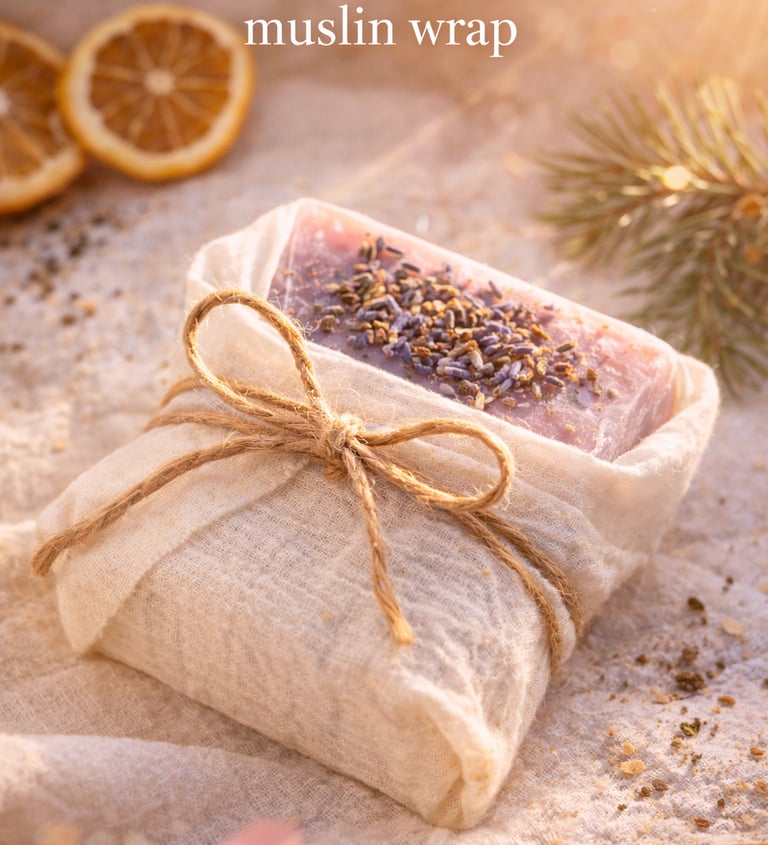 Soap wrapped in neutral linen fabric tied with a simple knot. 