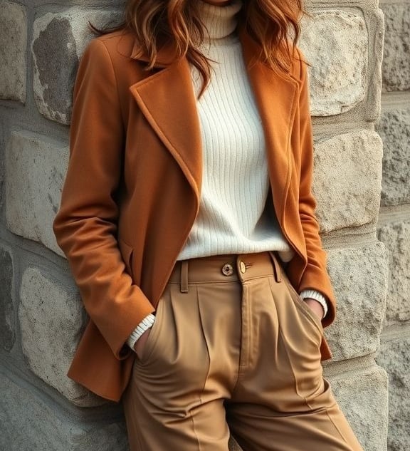 Latina woman in tan suede jacket and wide-leg trousers leaning on a stone wall.