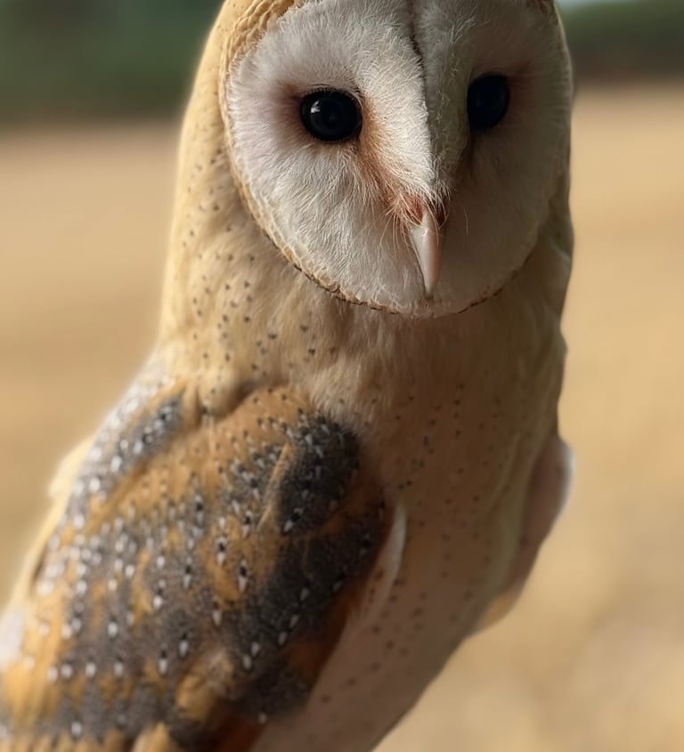A beautiful female barn owl sits on a post in front of a field of wheat