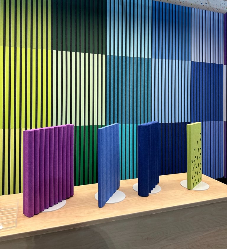 hues of green blue and purple slatted PET acoustic panels AKUSTUS