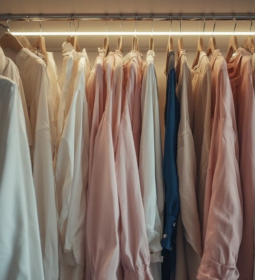 An elegant, color-coordinated closet with soft LED lighting. 