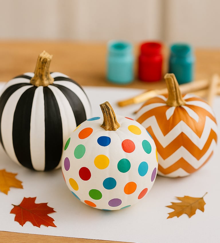 hree painted pumpkins on a craft table: one with bold black-and-white vertical stripes