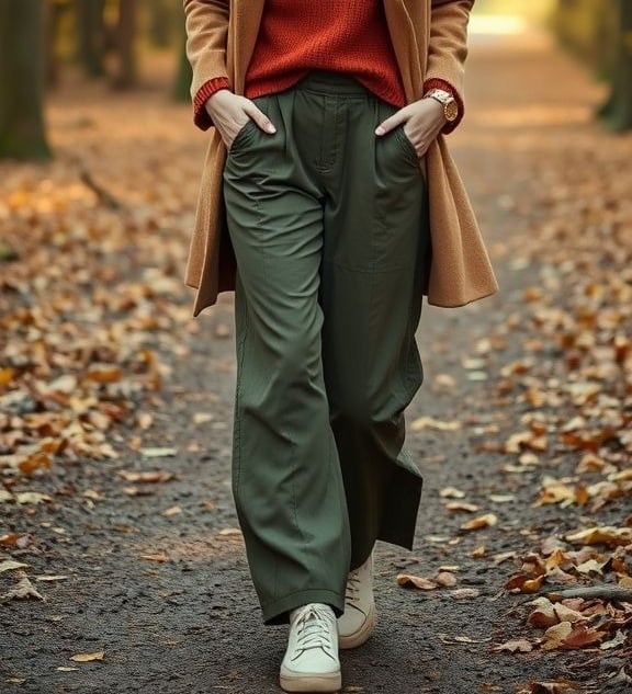 Scandinavian woman in camel coat and earthy tones walking a forest path in fall.