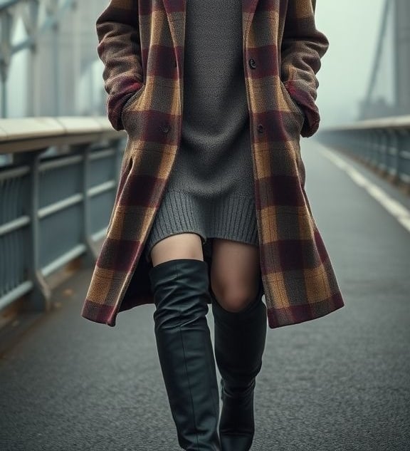 Irish woman in plaid coat and boots walking across a foggy London bridge.