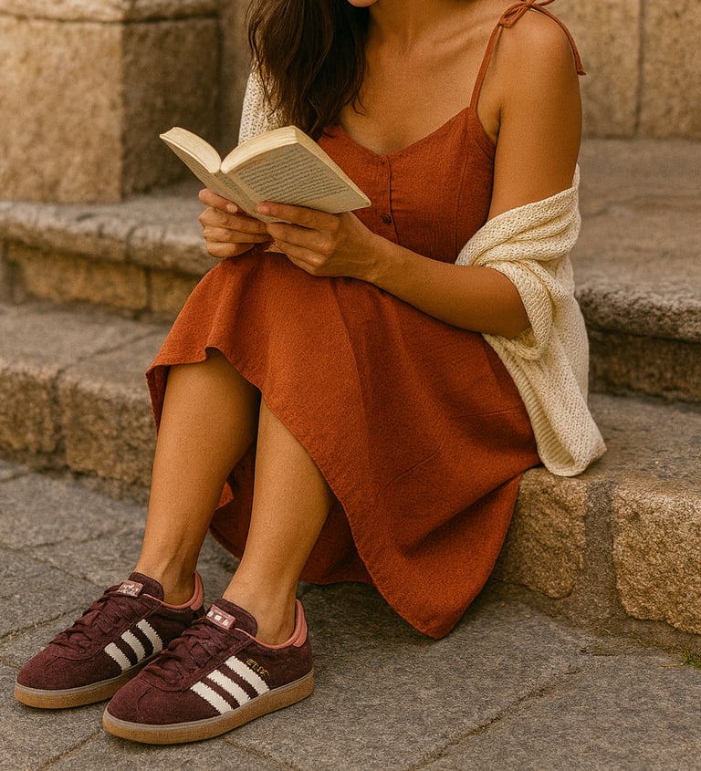 Woman sitting on stone steps reading a book in a burnt orange dress and cream cardigan, styled with 