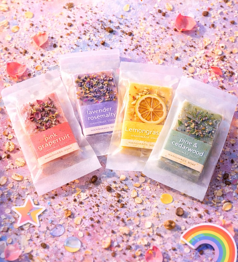 Soap bars slipped into glassine sleeves with simple labels.