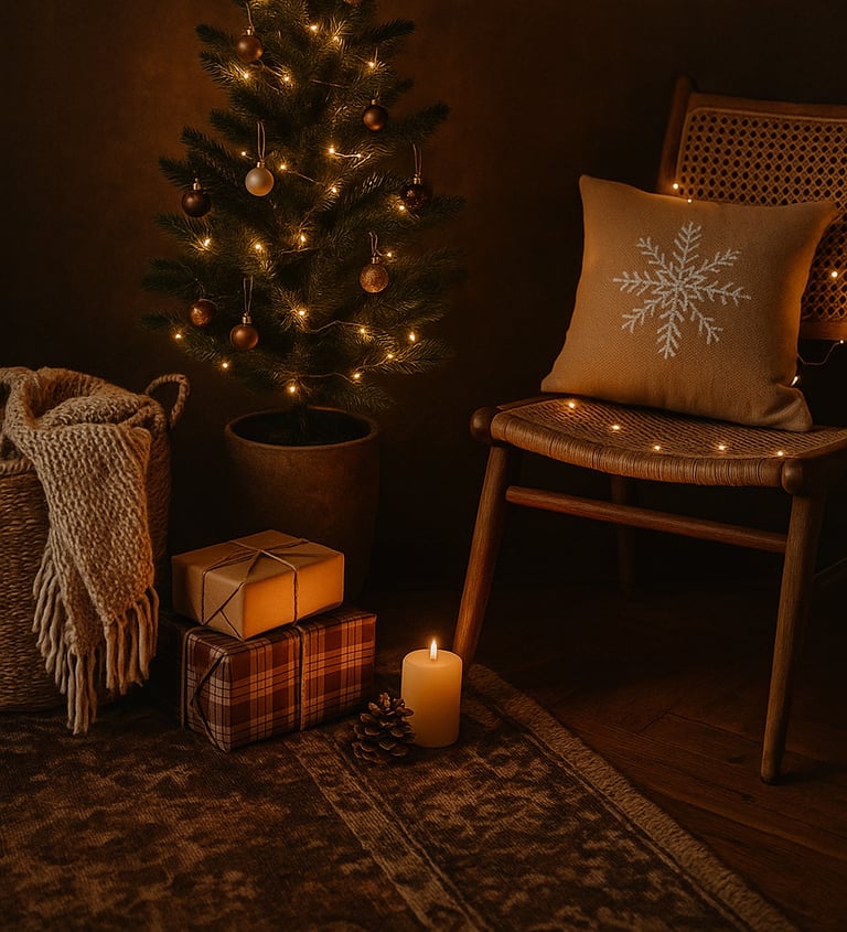 Cozy Christmas candles and lanterns glowing on a wooden table with pine garland and fairy lights.
