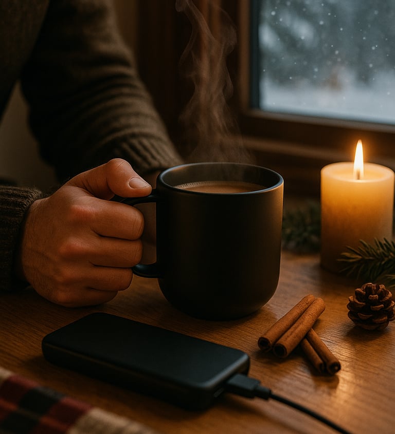 Man holding steaming smart mug by window with snow falling, candle and cinnamon sticks nearby.