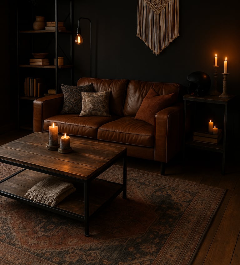 Dark Moto Boho living room with a brown leather sofa, patterned pillows, rustic wood coffee table