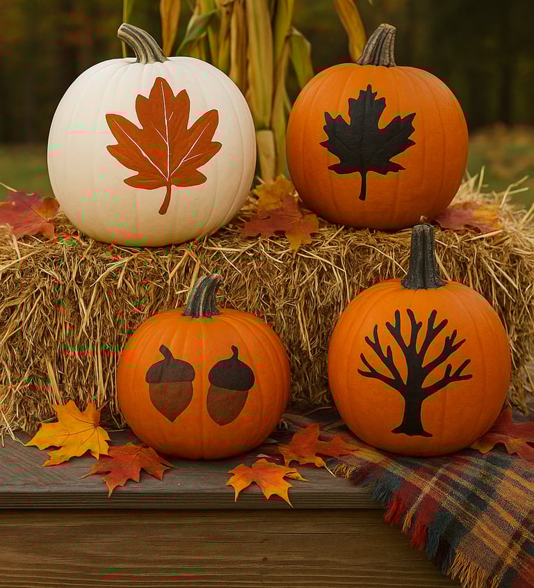 Vertical 2:3 image of pumpkins painted with autumn leaf silhouettes, acorn shapes, and a black tree 