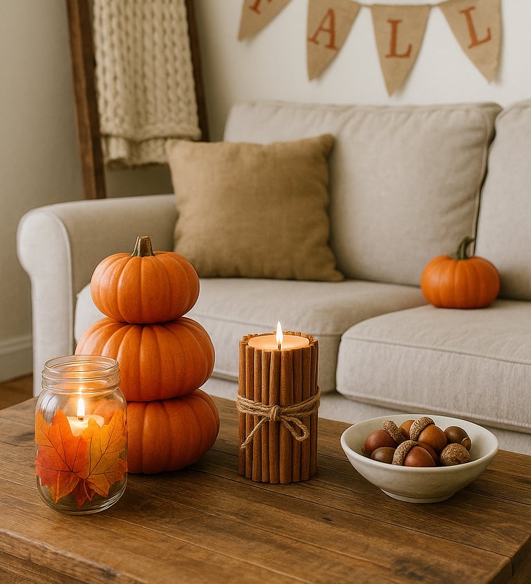 a cozy living room decorated for fall with a burlap ‘FALL’ banner, pinecone wreath, and chunky knit 