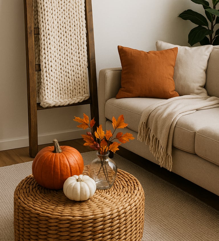 a rustic wooden ladder draped with a chunky knit blanket beside a beige sofa