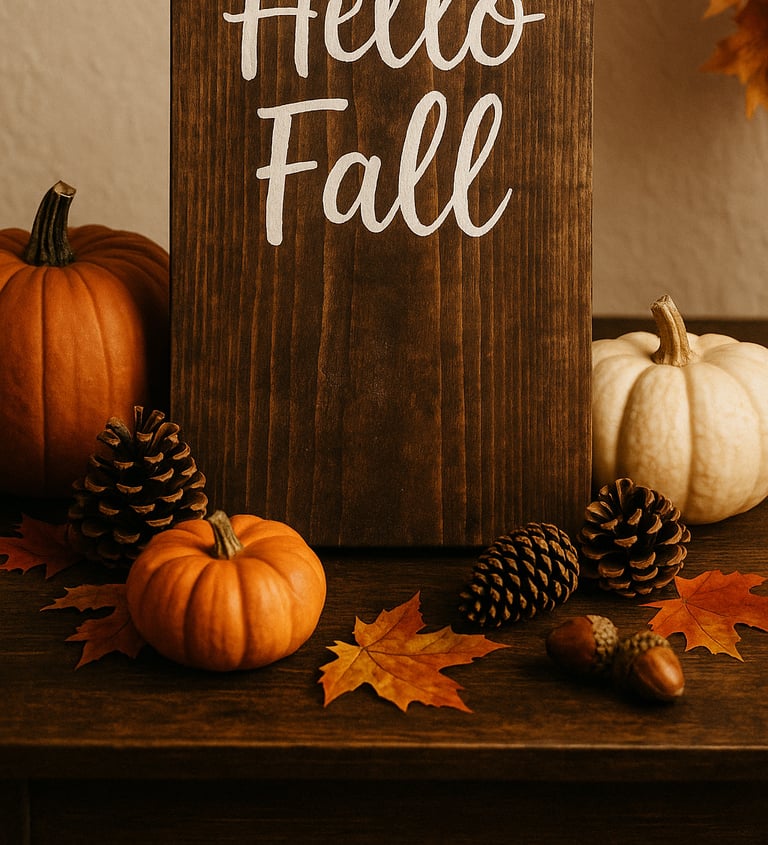 a rustic wooden sign with the words ‘Hello Fall’ painted in white cursive