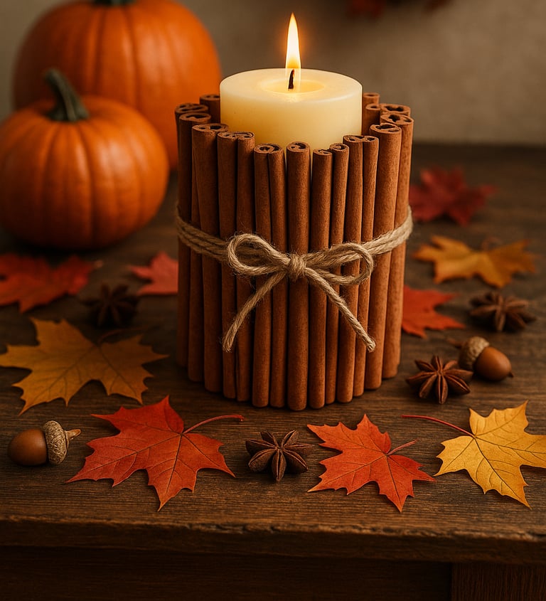 a rustic cinnamon stick candle holder with a cream-colored pillar candle tied with twine
