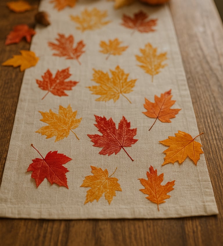 a cream linen table runner decorated with hand-painted autumn leaf prints in red, orange, and gold