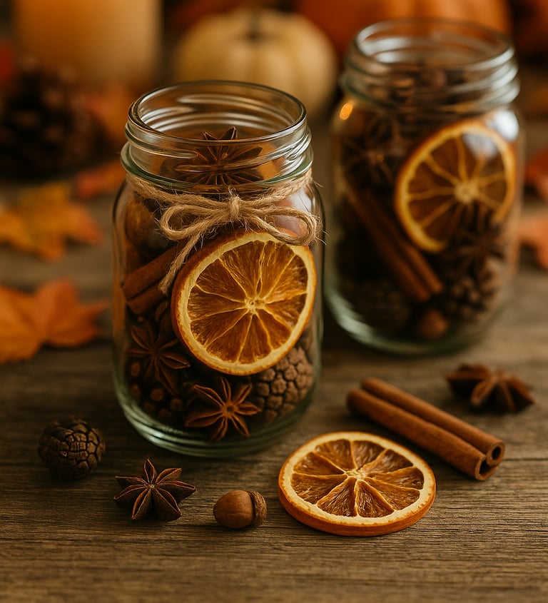 two mason jars filled with dried orange slices, cinnamon sticks, star anise, and pinecones