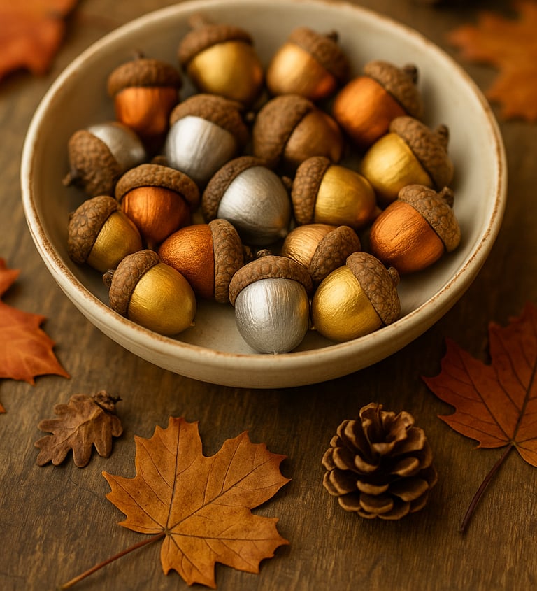 a shallow ceramic bowl filled with acorns painted in metallic gold, copper, bronze, and silver