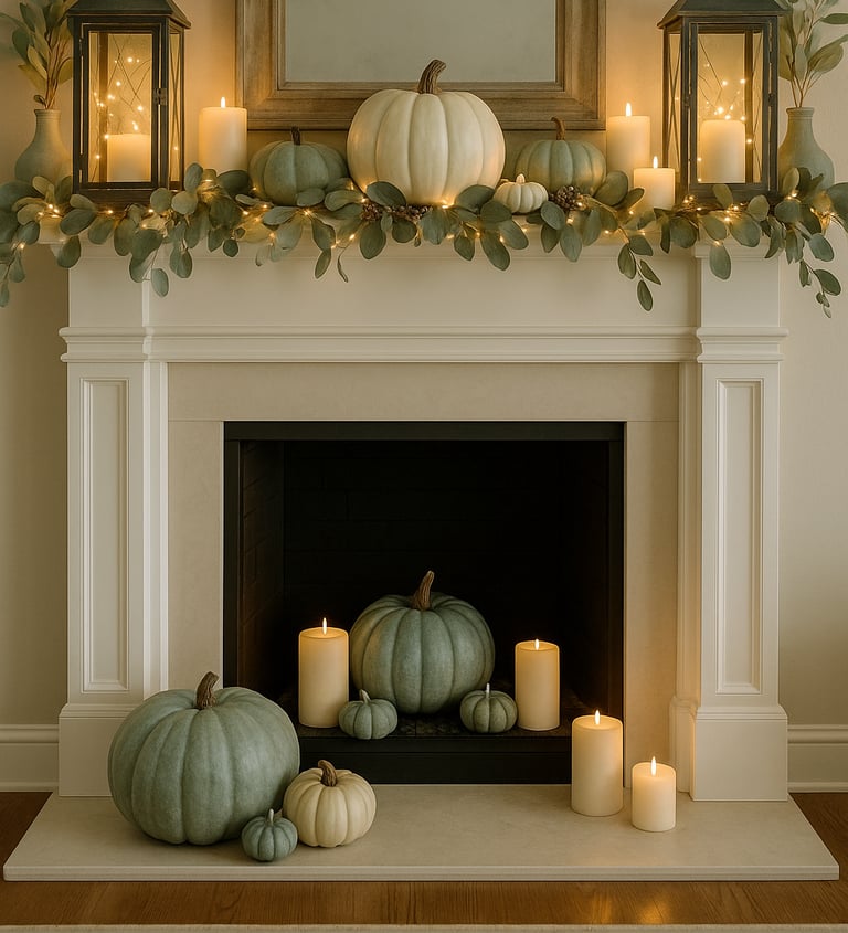 fireplace mantel decorated with rustic lanterns holding ivory candles, soft fairy lights, eucalyptus