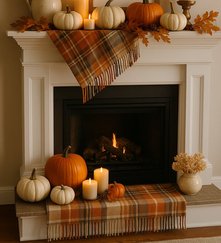 fireplace mantel decorated for fall with a plaid scarf draped across it, ivory and orange pumpkins