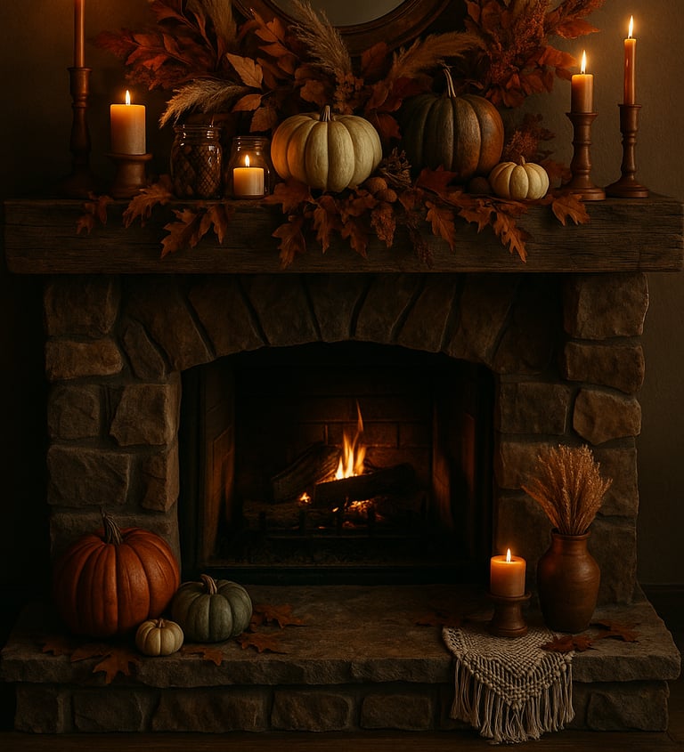 rustic stone fireplace with a wooden mantel decorated in boho fall style, featuring a round mirror
