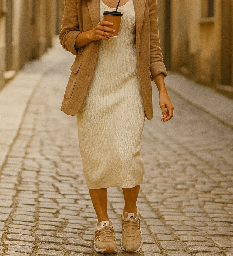 New Balance WL574 sneakers in soft beige suede with tonal details, chunky sole for comfort, photogra
