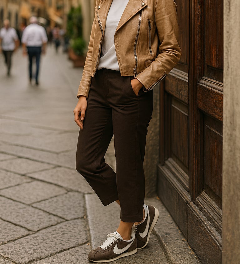 Woman standing on a European cobblestone street in a beige leather jacket, white tee, and dark trous