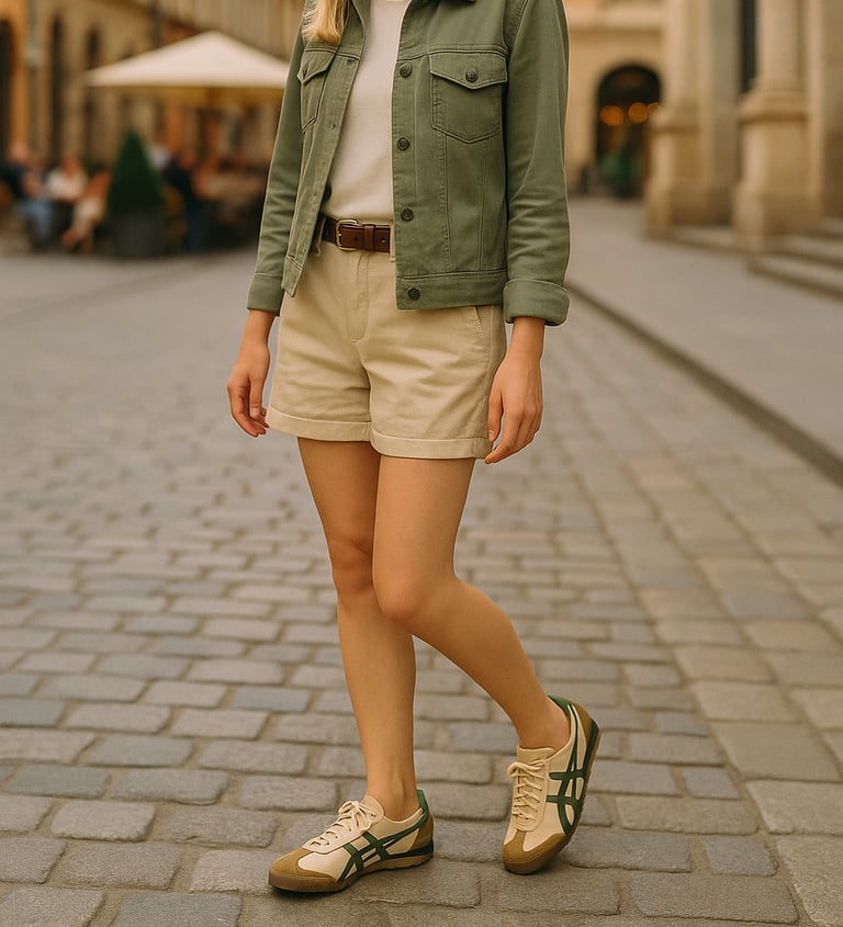 Pair of Onitsuka Tiger sneakers in beige with green stripes, minimalist retro-inspired design, displ