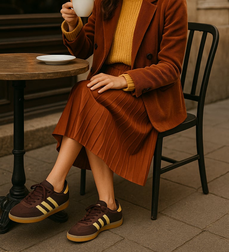 Woman at a café table in a rust pleated skirt, mustard sweater, and matching hat, sipping coffee whi
