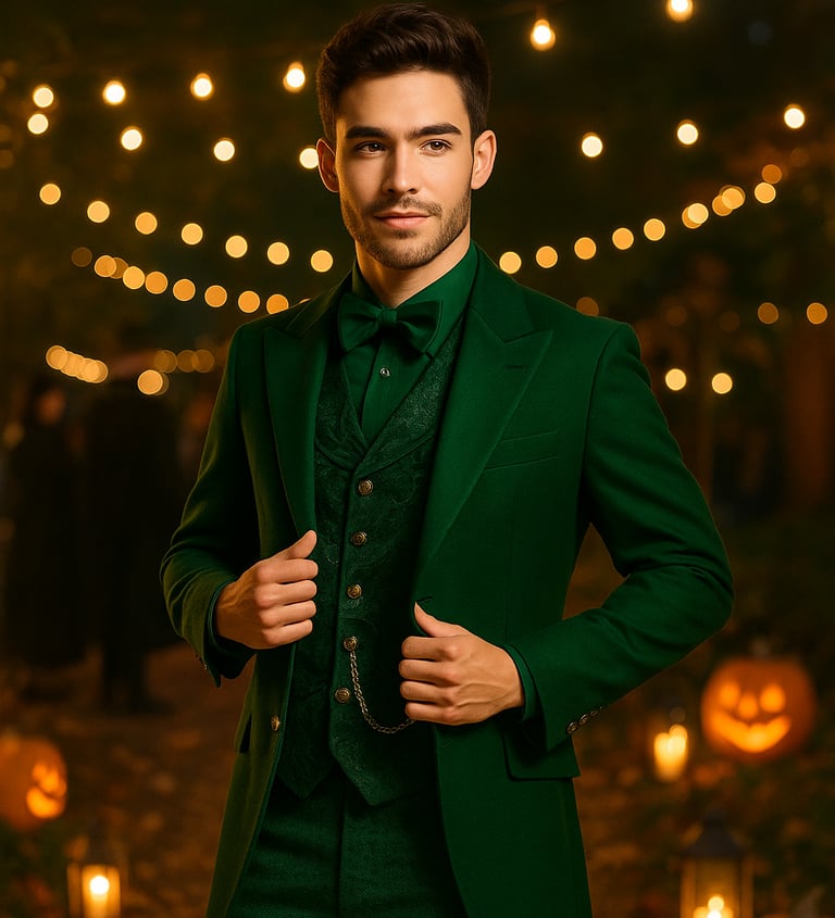 A young man dressed as the Wizard of Oz in an emerald green Victorian tailcoat with gold buttons.