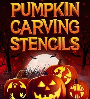 Halloween book cover titled “Pumpkin Carving Stencils: 50 Funny & Spooky Halloween Patterns,” featur