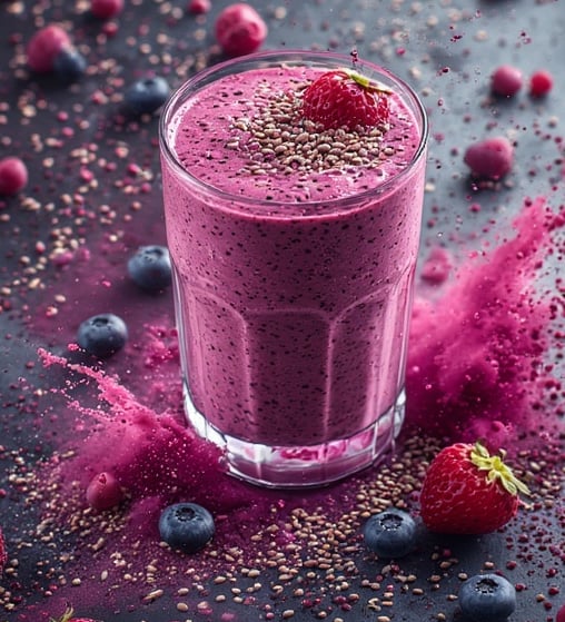 Pink berry smoothie with fresh berries and chia seeds.