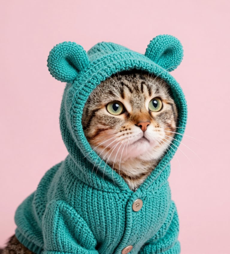 gato gris de ojos verdes  con sueter azul y fondo morado