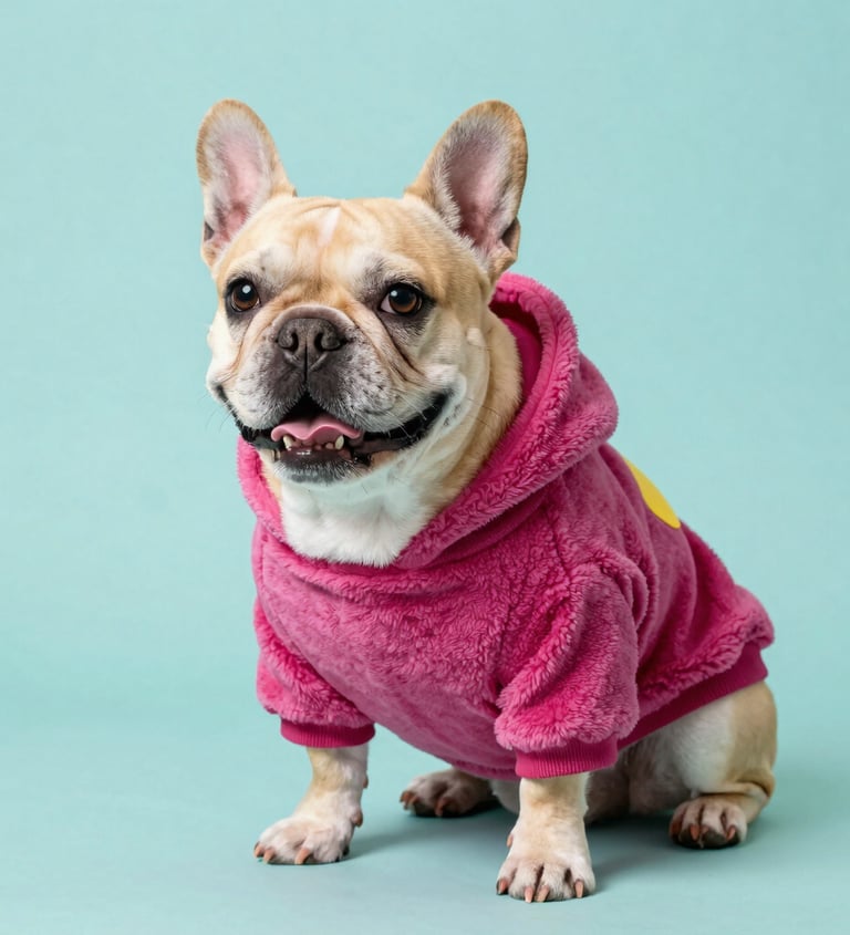 perro bulldog vsitiendo un traje rosa con fondo azul