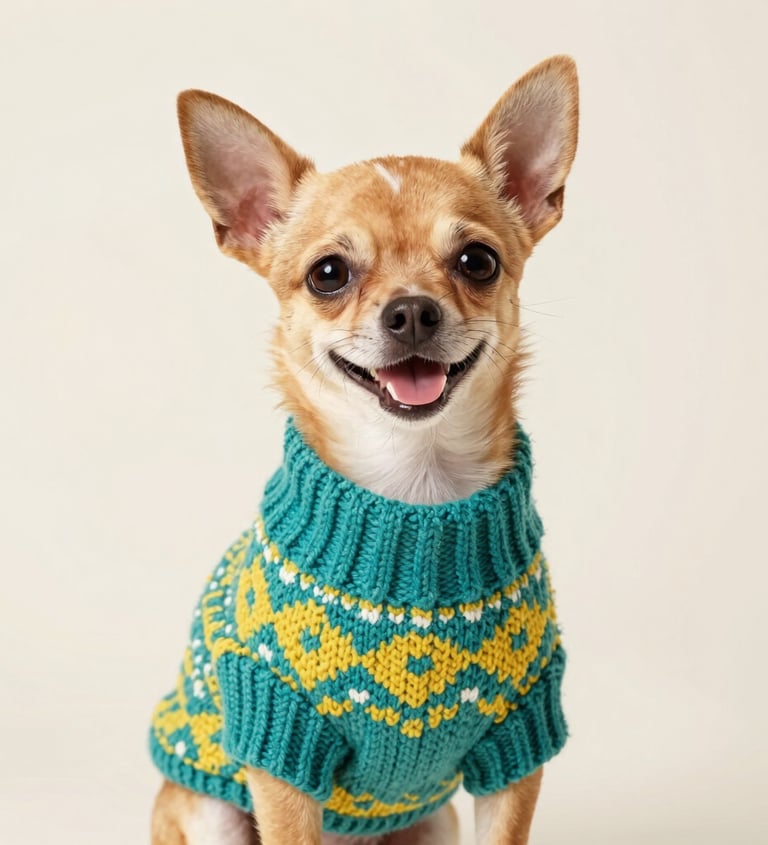 perro chihuahua con sueter azul y amarillo