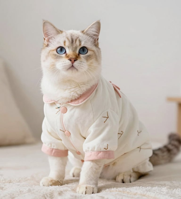 Un gato de ojos azules uciendo una pijama blanca con detalles y botones rosados