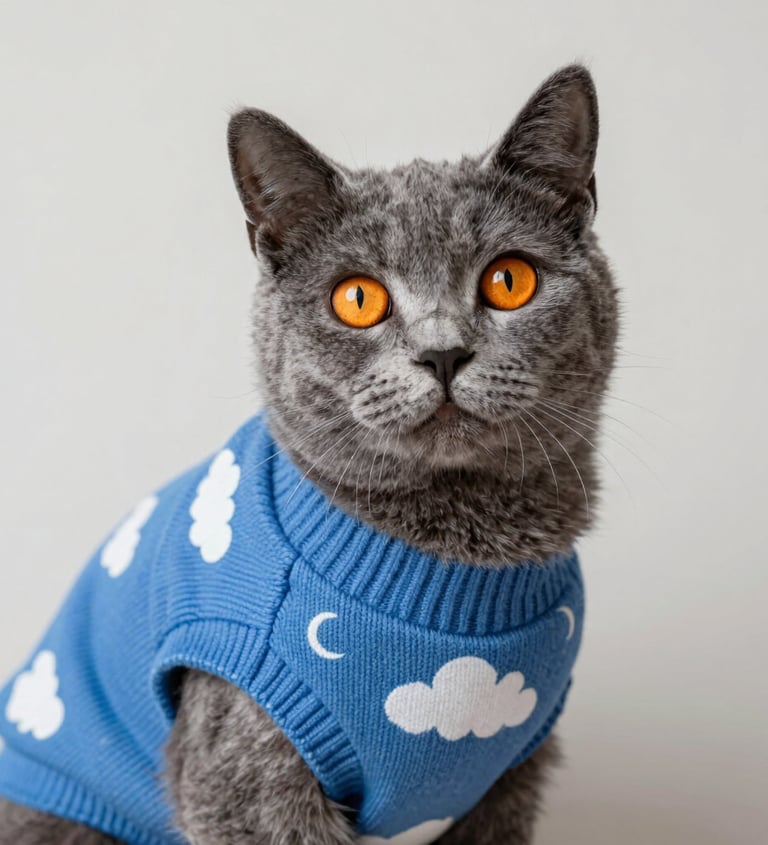 Un gato gris con ojos de color naranja brillante que lleva un suéter azul con nubes blancas y lunas 