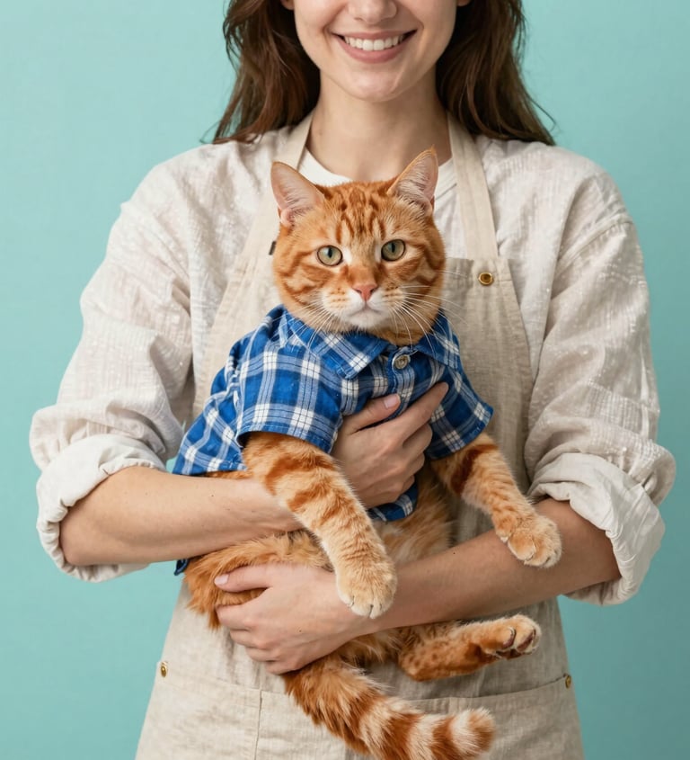 Una mujer sonriente con delantal de lino sosteniendo a un gato naranja (ginger) que lleva una camisa
