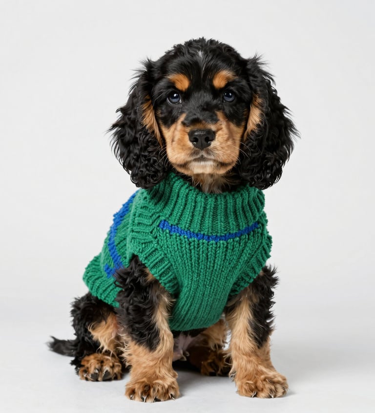 Un cachorro de Cocker Spaniel negro y fuego vistiendo un suéter tejido para perro de color verde azu