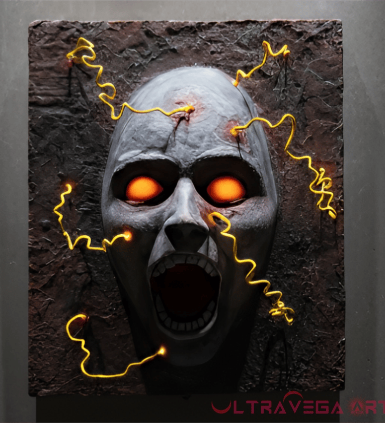 wall hanging sculpture spot lit from above, sculpture of a screaming face protruding from a textured panel with yellow bolts