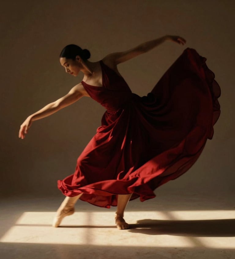 Una elegante bailarina de ballet, con un vestido rojo vaporoso, adopta una pose en puntas en un estu