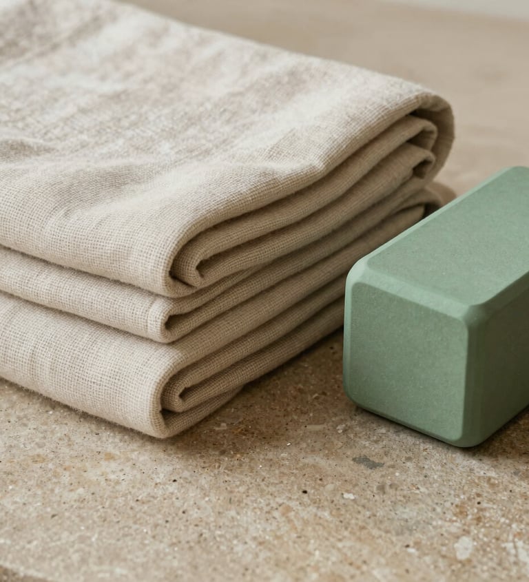 An elegant detail shot of organic woven textiles, presenting clean folded linen blankets and a modern sage green yoga block resting on a polished sandstone surface. Premium aesthetic showing sustainable luxury and mindfulness. Global / South Asian context.