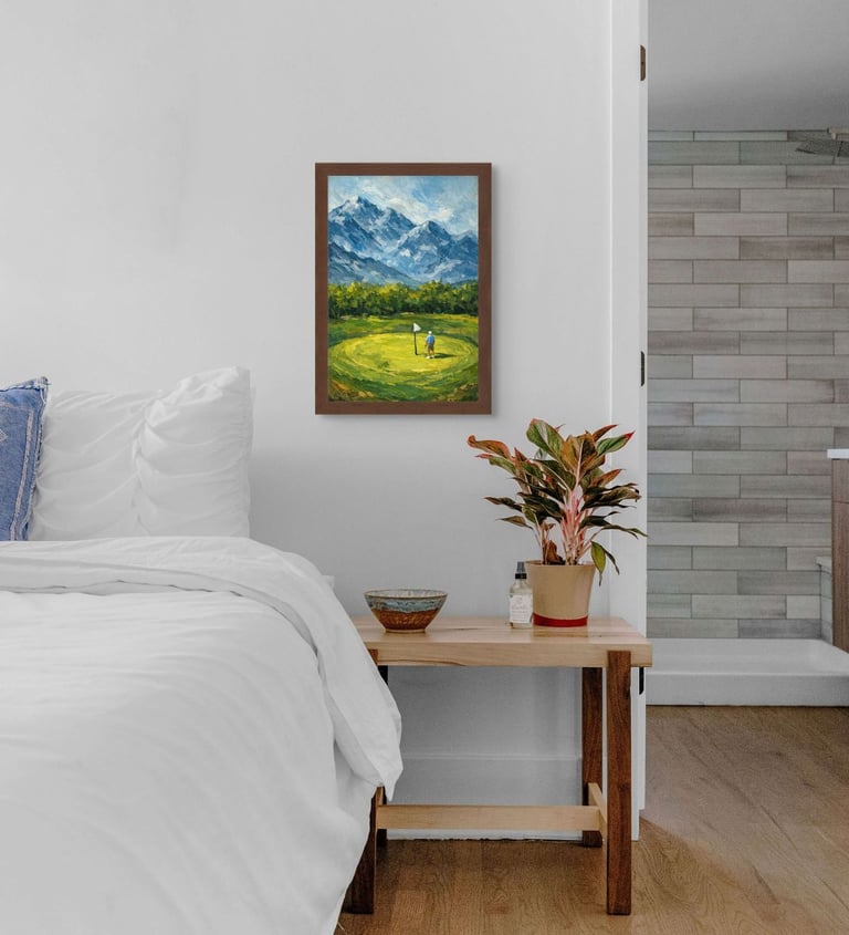 Mountain custom painting commission of golfer on putting green, made to order in Vancouver BC.